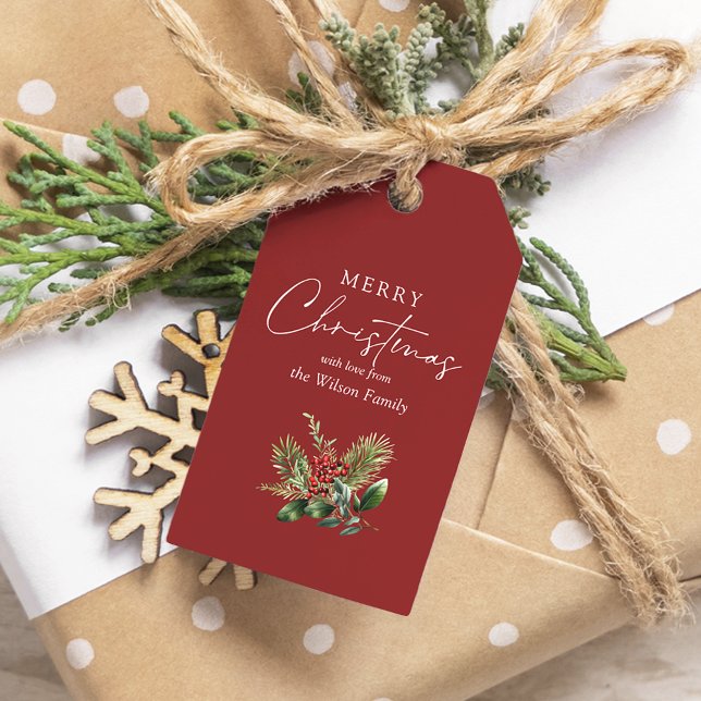 Enkel Elegant Röd jul Botanical Grey Presentetikett (Skapare uppladdad)