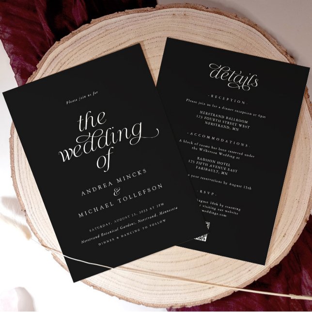 Enkel Elegant Romantisk Bröllop allt i en Inbjudningar (Black wedding invitation with white text. Elegant and simple)