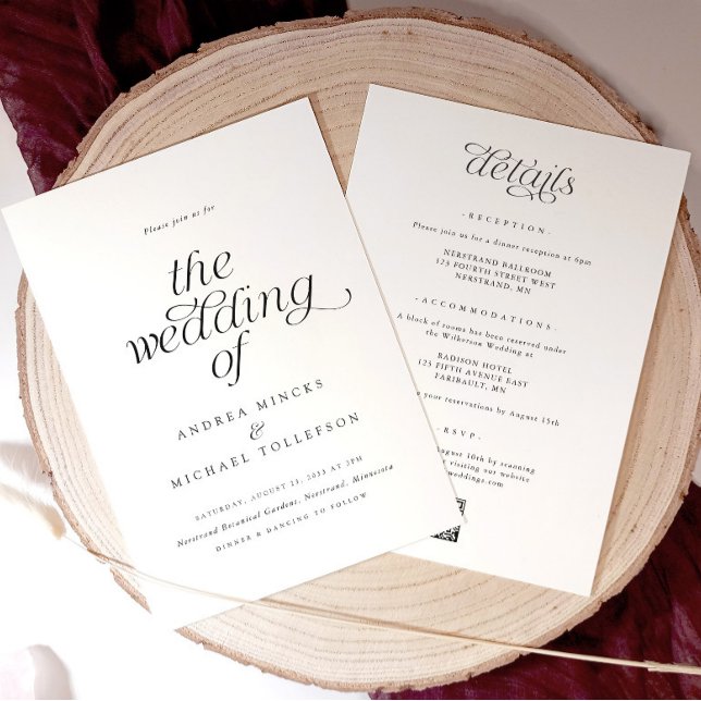 Enkel Elegant Romantisk Bröllop allt i ett Inbjudningar (Simple, modern and elegant wedding invitations with details and qr code on the back.)