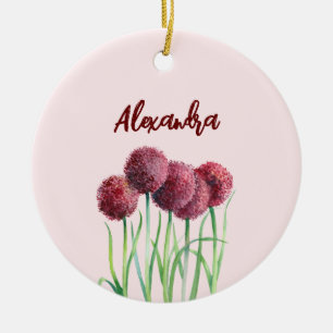 Enkel Elegant Rosa Alliums Flower Watercolor Julgransprydnad Keramik