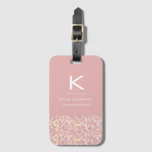 Enkel elegant Rosa Glitter Cute Monogrammed Namn Bagagebricka