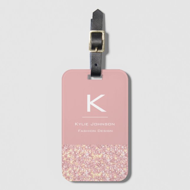 Enkel elegant Rosa Glitter Cute Monogrammed Namn Bagagebricka (Framsida vertikal)