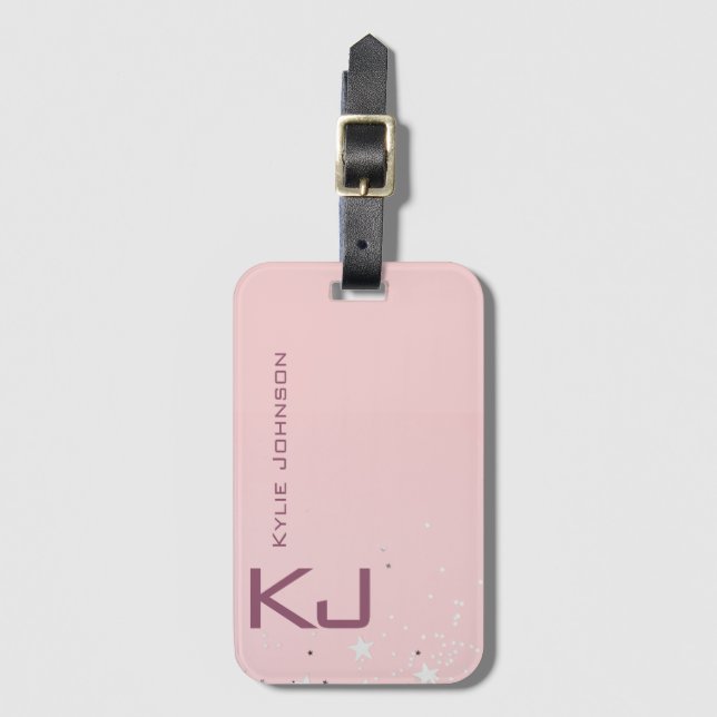 Enkel elegant Rosa Glitter Cute Monogrammed Namn Bagagebricka (Framsida vertikal)