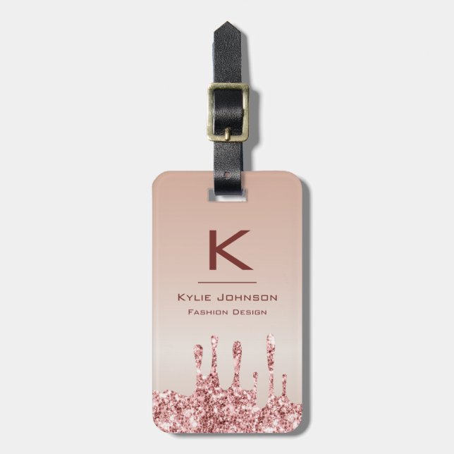 Enkel elegant Rosa Glitter Cute Monogrammed Namn Bagagebricka (Vertikal Framsida)