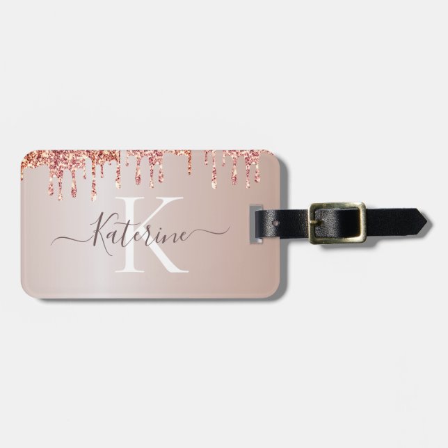 Enkel elegant Rosa Glitter Cute Monogrammed Namn Bagagebricka (Horisontell Framsida)