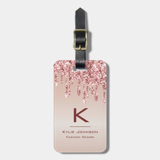 Enkel elegant Rosa Glitter Cute Monogrammed Namn Bagagebricka (Vertikal Framsida)