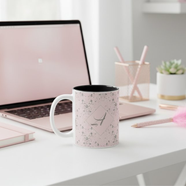 Enkel Elegant  Rosa Glitter Mönster Monogram Två-Tonad Mugg (Skapare uppladdad)