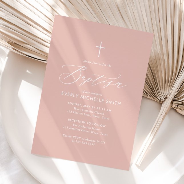 Enkel Elegant  Rosa Kor Flickor Baptism Inbjudningar (Skapare uppladdad)