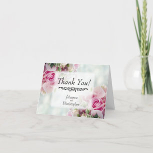 Enkel Elegant Rosa ros Blommigt på Teal Bröllop Tack Kort