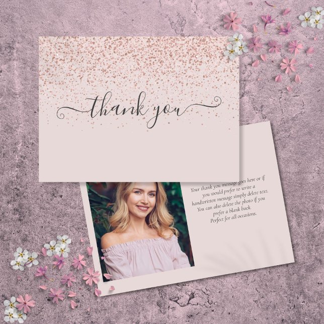 Enkel Elegant Rosa Skript Foto Tack Kort (Simple Elegant Blush Pink Script Photo Thank You Card)