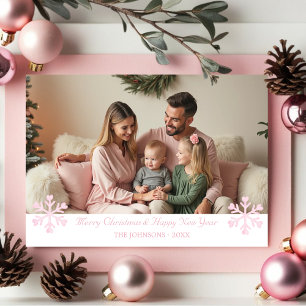 Enkel Elegant Rosa Snöflingor ett foto-Helgdag Julkort