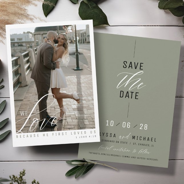 Enkel Elegant Sage Grönt Foto Christian Bröllop Spara Datumet (Love scripture elegant photo simple sage green black white modern Christian wedding save the date)