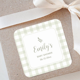 Enkel Elegant Sage Grönt Gingham Baby Shower Fyrkantigt Klistermärke