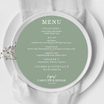 Enkel Elegant Sage Grönt Rund Bröllop-middag Meny<br><div class="desc">Ett runt menykort på sidans grönt (eller färg) och chicens text i vita visningar som du väljer. Perfekt för en modern bröllopsdag,  bröllop-repetitionsmiddag,  årsdag party eller speciella evenemang med en sittande middag. Välj NÅGON BAKGRUND FÖR FÄRG,  valfri FÄRG-TEXT,  valfritt TECKENSNITT! Anpassa enkelt till din middagsmeny och information.</div>