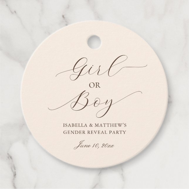 Enkel Elegant Script Gender Reveal Beige Party Gåvor Etiketter (Framsida)