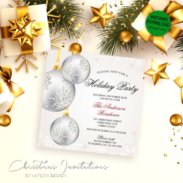 Enkel Elegant Silver Baubles jul Party Inbjudningar (Skapare uppladdad)