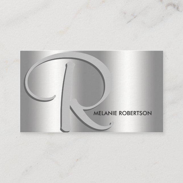 Enkel Elegant Silver på Silver Skript Monogram Visitkort (Framsida)