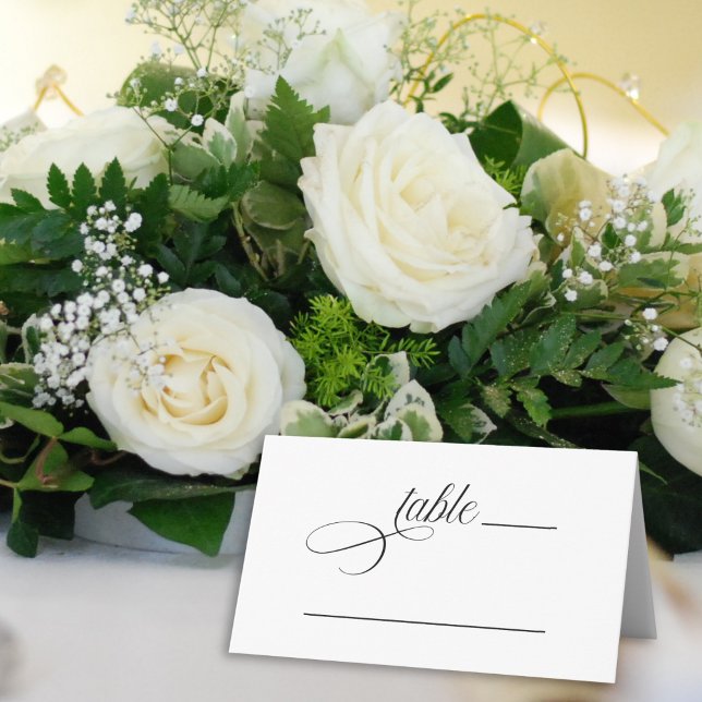 Enkel Elegant Skript Bröllops Bordnummer Placeringskort (Simple elegant script wedding table number place card with spaces to write in table number and name.)