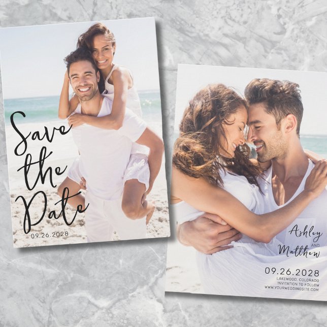 Enkel Elegant Skript Foto Bröllop Spara Datumet (Simple Elegant Script Typography Photo Wedding Save The Date)