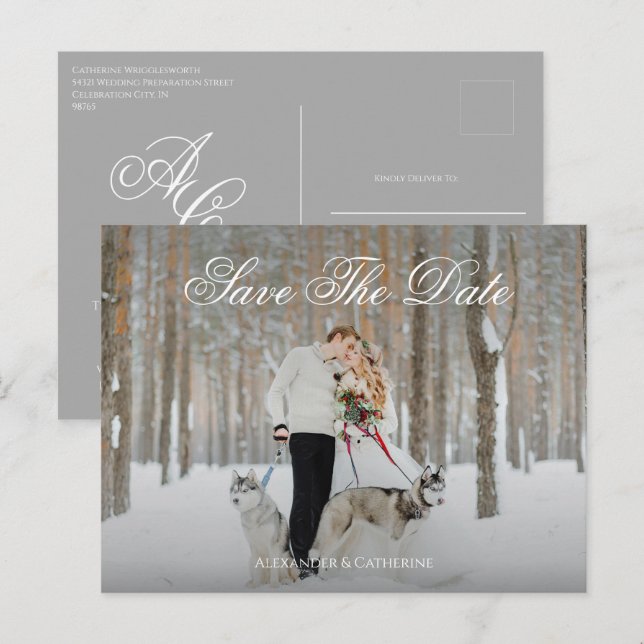 Enkel Elegant Skript Monogram Foto Spara Datum Vykort (Fram/baksida)