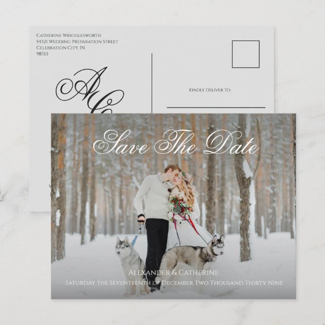 Enkel Elegant Skript Monogram Foto Spara Datum Vykort (Fram/baksida)