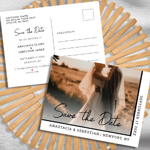 Enkel Elegant Skript Svart & Vitt Foto Bröllop Meddelande Vykort