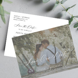 Enkel elegant skriptfoto bröllop spara datum meddelande vykort