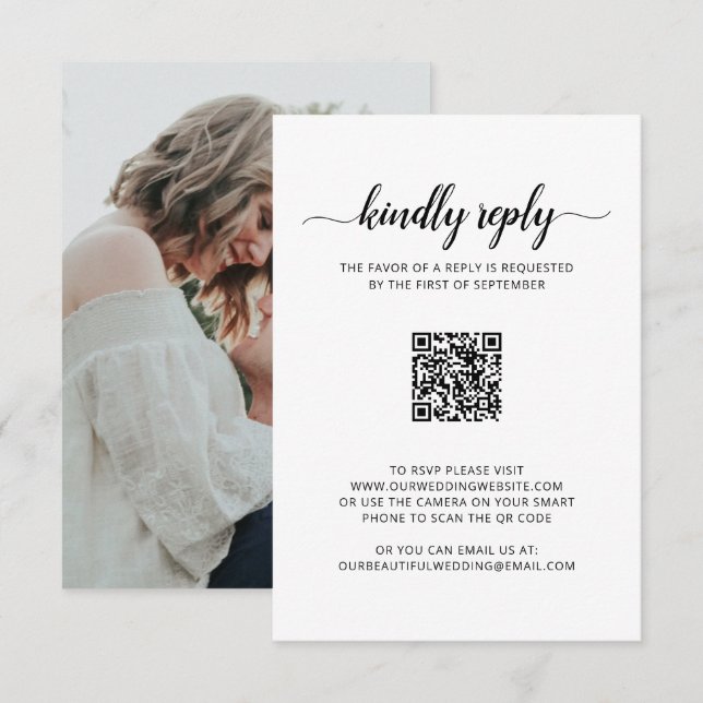 Enkel Elegant Skriptfoto QR-kod Bröllop OSA Kort (Fram/baksida)