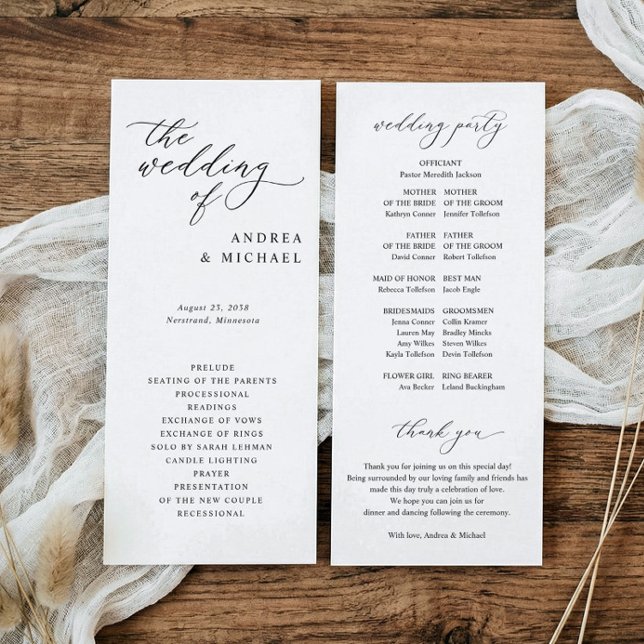 Enkel Elegant Sofistikerad Bröllop Program (Elegant vintage script wedding programs with wedding party and thank you on back.)