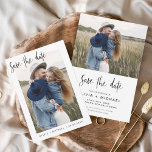 Enkel Elegant Spara datum för fotominimalistisk Spara Datumet<br><div class="desc">Bröllop spara datum-kort som har ett foto på framsidan och baksidan. Spara datumkorten innehåller en modern handskriven kursiv skripttypografi som är elegant,  enkel och modern till använda efter att du har minimalistisk enkel bröllopsdag firande.</div>