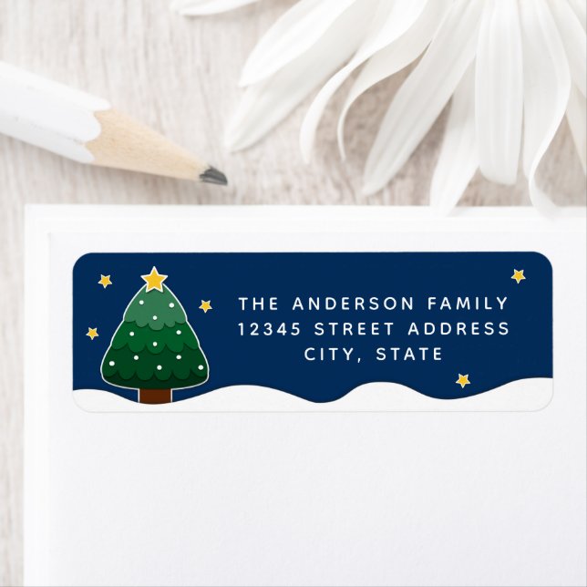 Enkel Elegant Starry Night Snowy Julgran Returadress Etikett (Insitu)