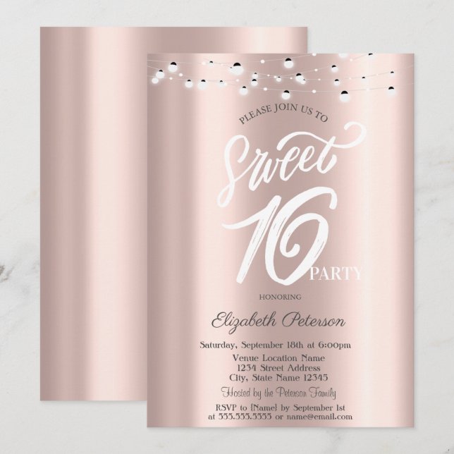 Enkel Elegant String Ljus Ro Guld Sweet 16 Inbjudningar (Fram/baksida)
