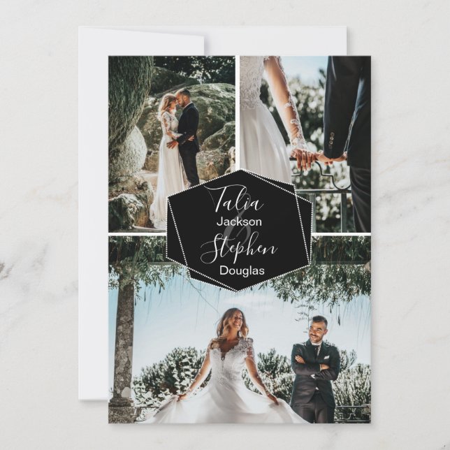 Enkel elegant svart 3-foto grid collage bröllop inbjudningar (Framsida)