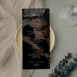 Enkel elegant, svart bröllop meny<br><div class="desc">Trendigets fotoöverlägg för mörk av svartvit minimalistisk anpassningsbar av typografi,  textmall bröllop-menykort.</div>