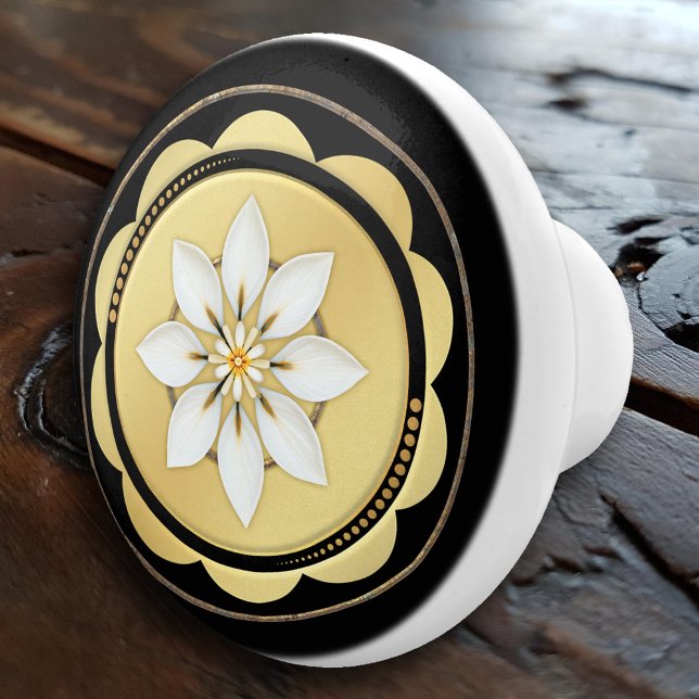 Enkel Elegant, svart Guld-Blommigt Knopp (An elegant ceramic door knob featuring a simple floral design on black and gold.)