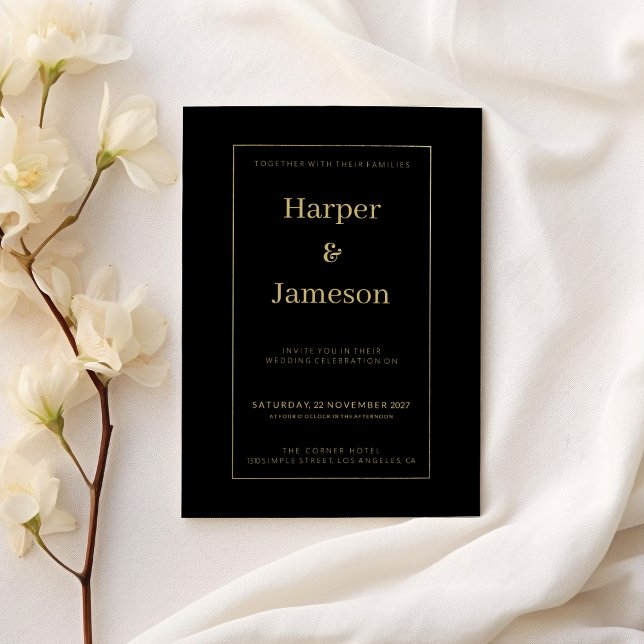 Enkel elegant svart guld minimalistisk Bröllop Inbjudningar (Simple elegant black gold minimalist Wedding)