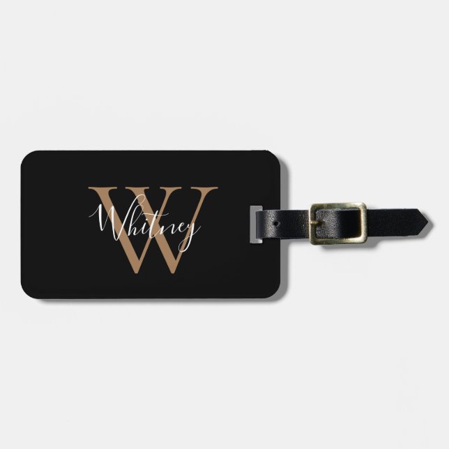 Enkel Elegant Svart Guld Skrift Namn Monogram Bagagebricka (Horisontell Framsida)