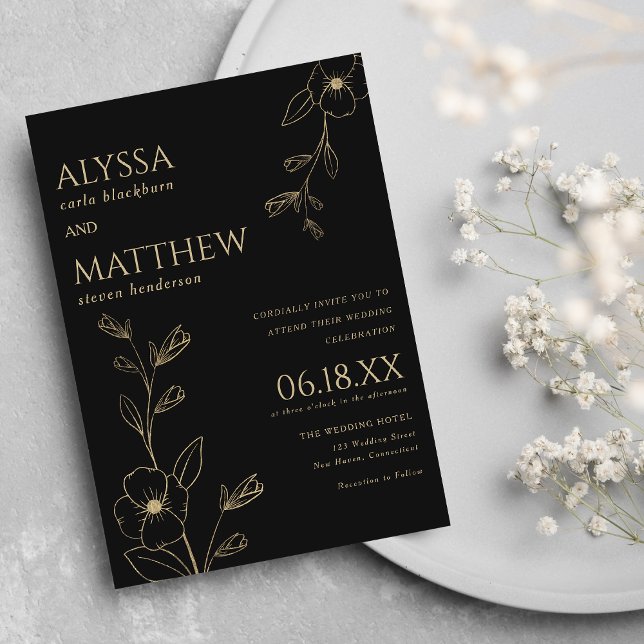 Enkel elegant svart och guld blommigt bröllop inbjudningar (Simple elegant black and gold floral wedding invitation )