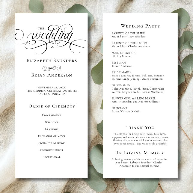Enkel Elegant Svart och Vit Bröllopsfest Program (Simple Elegant Minimalistic Black and White Wedding Program with Order of Ceremony, Wedding Party.)