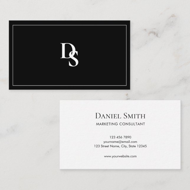 Enkel Elegant Svart och Vitt Monogram Initial Visitkort (Fram/baksida)