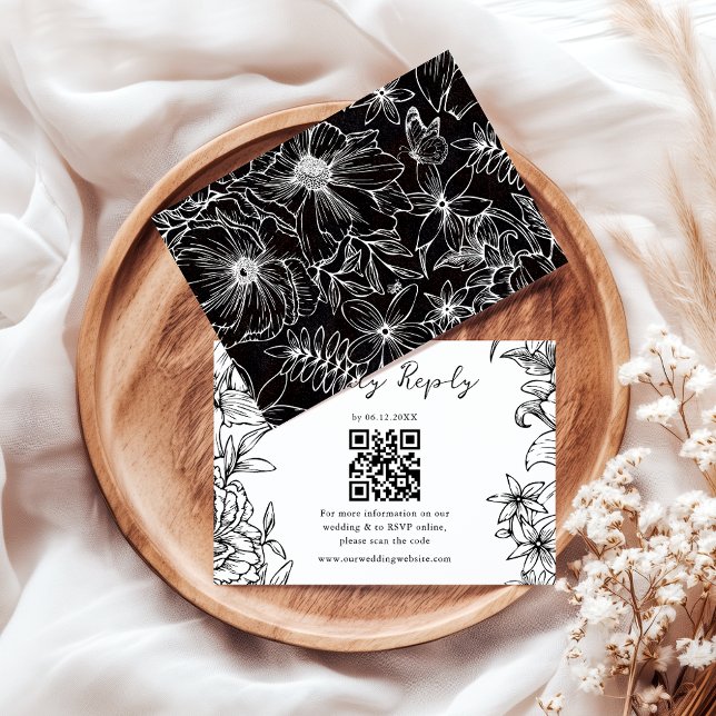 Enkel Elegant Svart Vit Blommig QR-kod Bröllop OSA Kort (Skapare uppladdad)