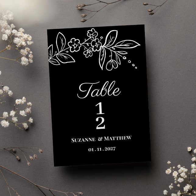 Enkel elegant svart vit blomsterbord nummer inbjudningar (Simple elegant black white floral Table Numbers)