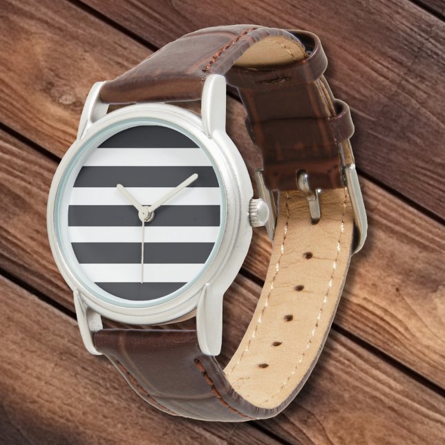 Enkel Elegant, svart, vit Rand-läder Armbandsur (Simple Elegant Modern Classic. Black & White Stripes Silver and Leather Strap Watch.)
