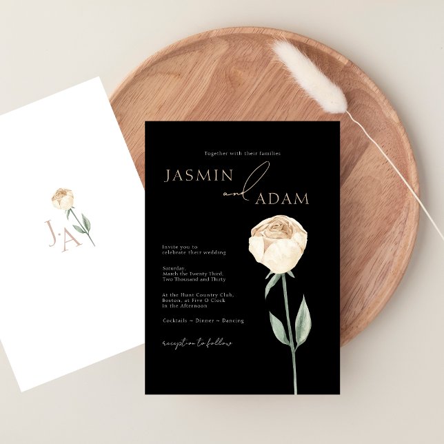 Enkel Elegant Svart Vit Ros Blommig Bröllop Inbjudningar (Simple Elegant Black White Rose Floral Wedding Invitation)