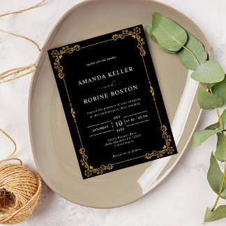 Enkel Elegant Svarta och Guld Blommigt Bröllop Inbjudningar