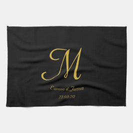 Enkel Elegant Svarta och Guld Monogram Namn Kökshandduk