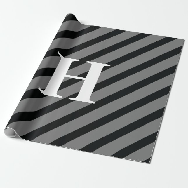 Enkel Elegant Svartvit Grått Vit Rand Monogram Presentpapper (Utrullad)