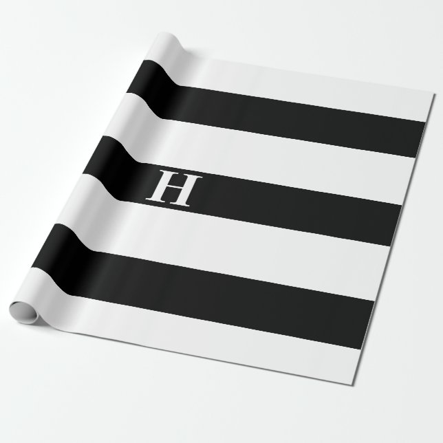 Enkel Elegant Svartvit Rand Enkelt Monogram Presentpapper (Utrullad)