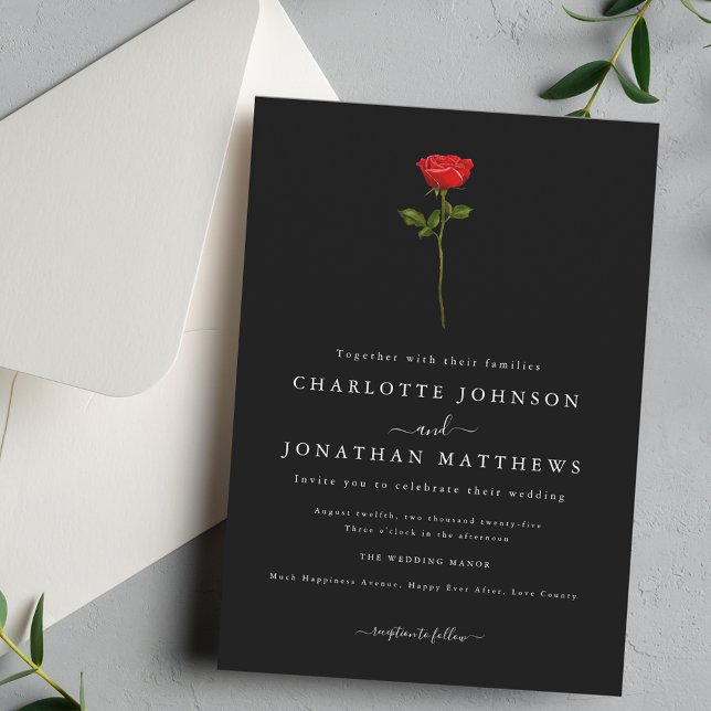 Enkel Elegant, svartvitt, svart och vit Röd ros Inbjudningar (Simple red rose elegant modern script black and white wedding invitation Watercolor floral)