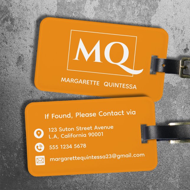 Enkel Elegant Tangerine Orange och Vita monogram Bagagebricka (Skapare uppladdad)